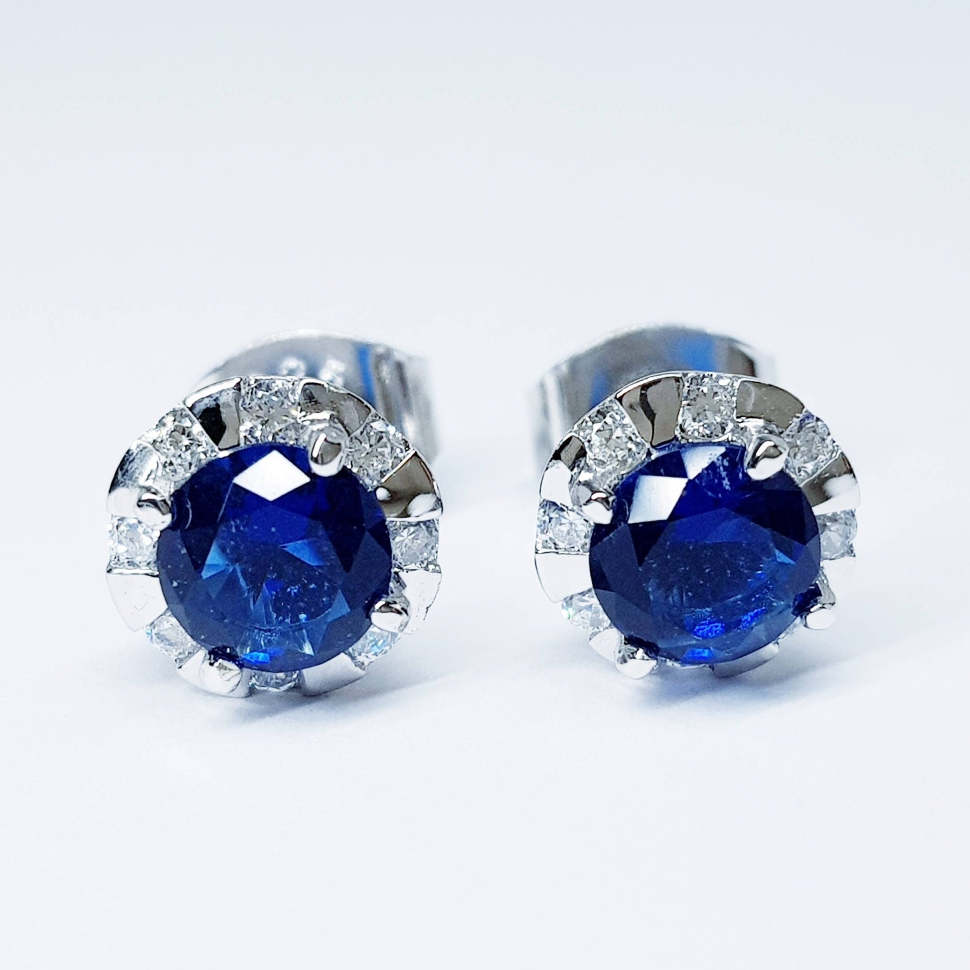 Round silver Blue stud earrings, silver halo blue Stud Earrings,Round CZ Stud Earrings