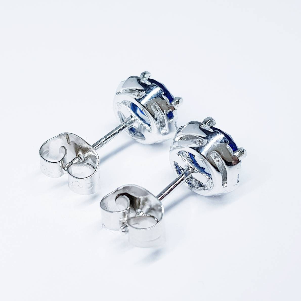 Round silver Blue stud earrings, silver halo blue Stud Earrings,Round CZ Stud Earrings