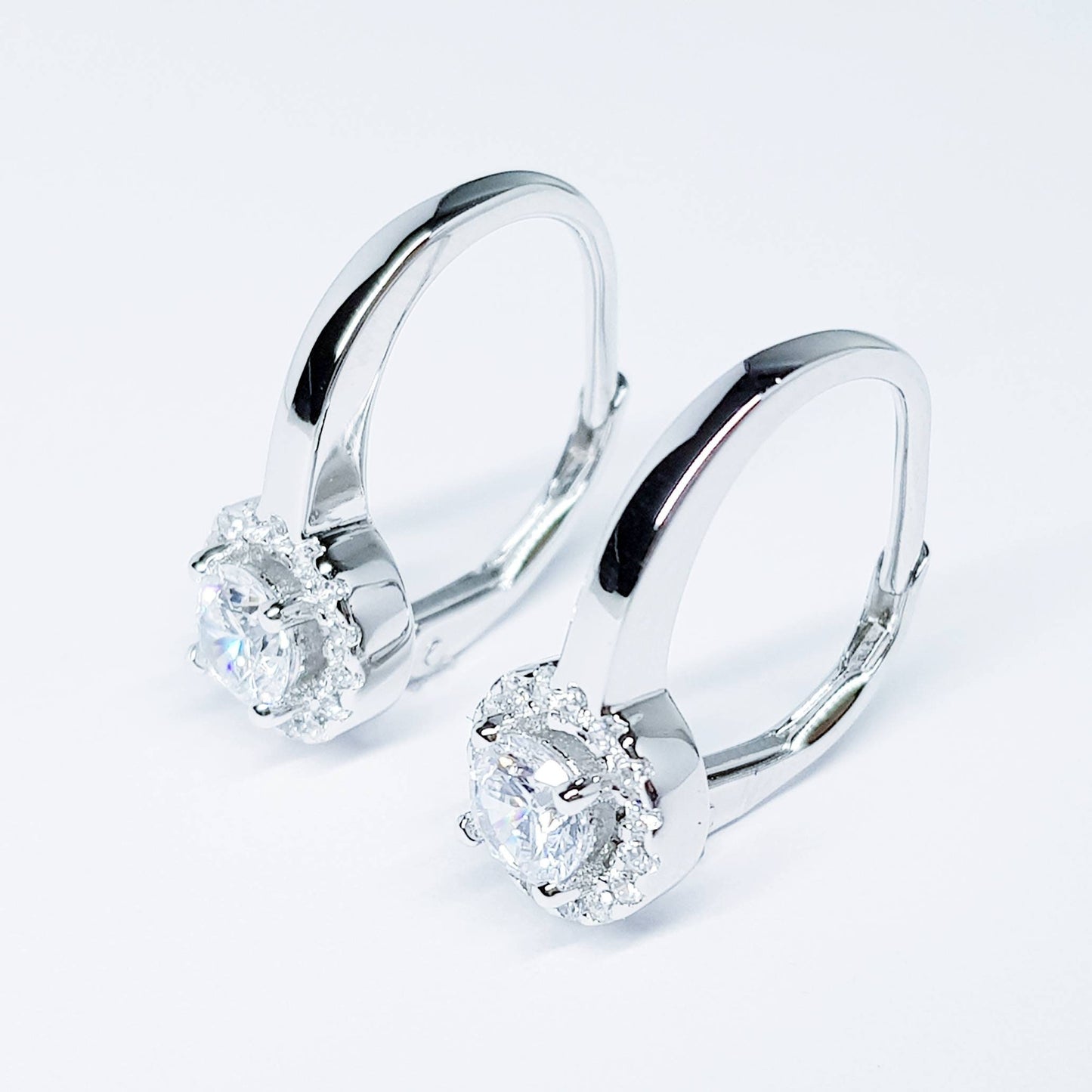 Elegant sterling silver round halo leverback drop earrings