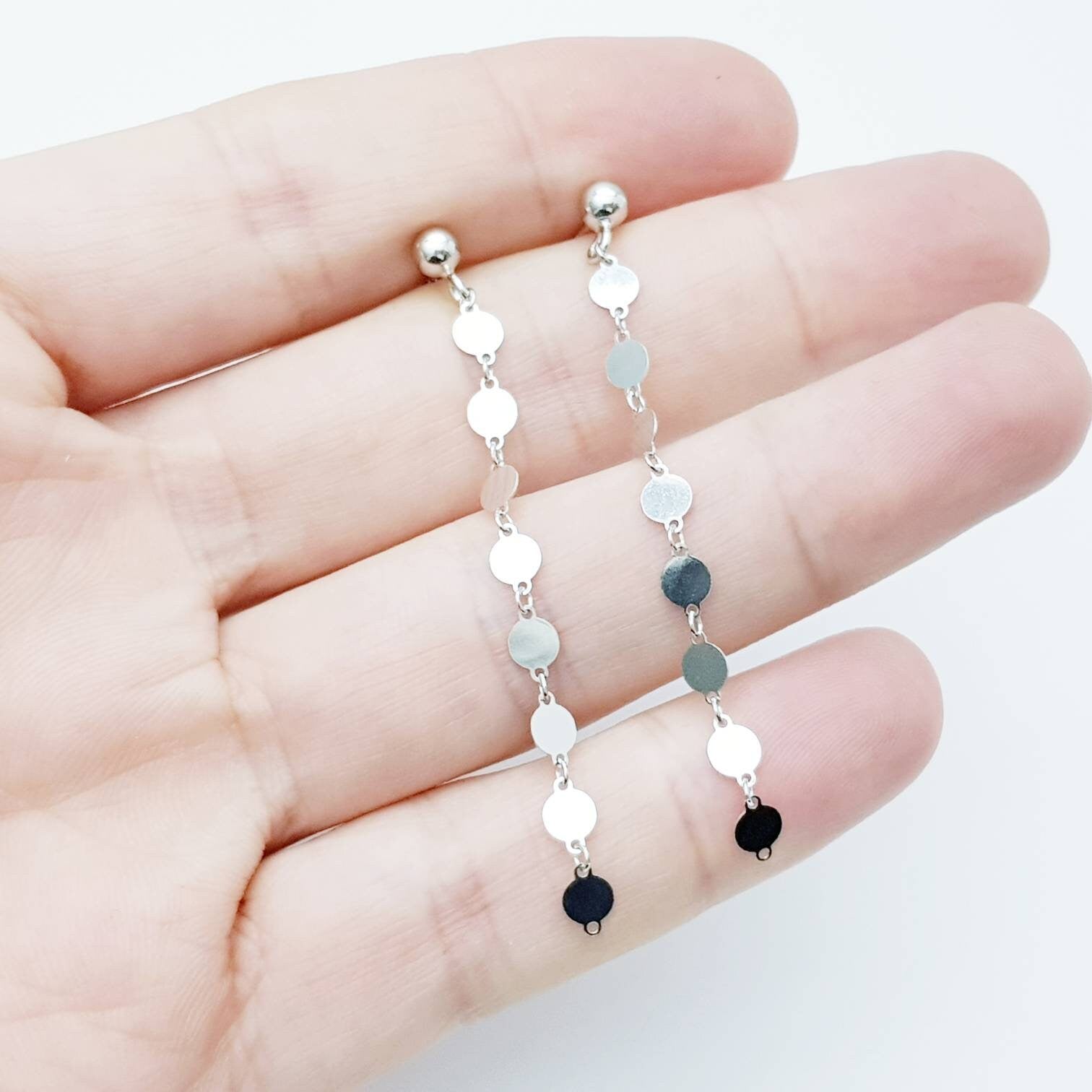 Long silver disc earrings, thin polished gypsy earrings, plain silver disc earrings, minimalist coin earrings