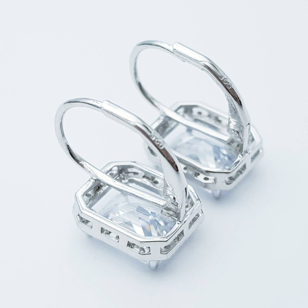 Sterling silver faux diamond leverback earrings, rectangular drop earrings