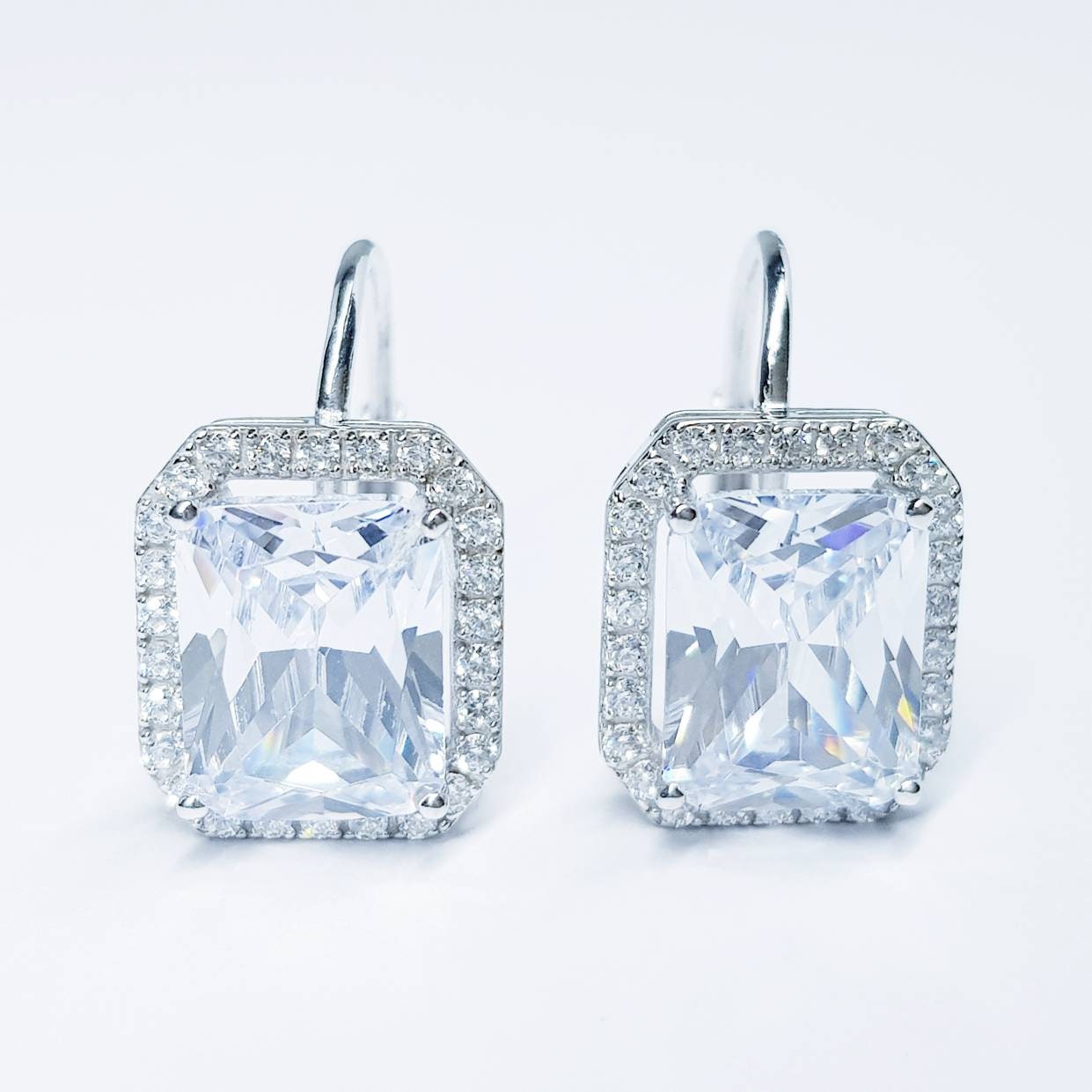 Sterling silver faux diamond leverback earrings, rectangular drop earrings