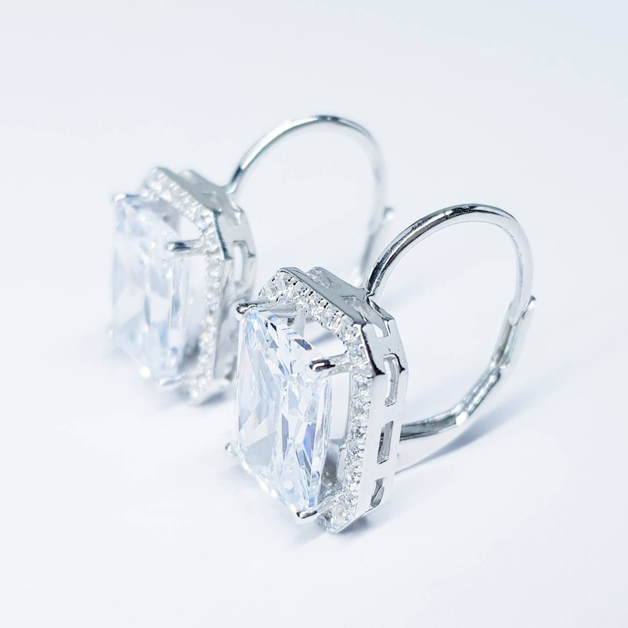 Sterling silver faux diamond leverback earrings, rectangular drop earrings