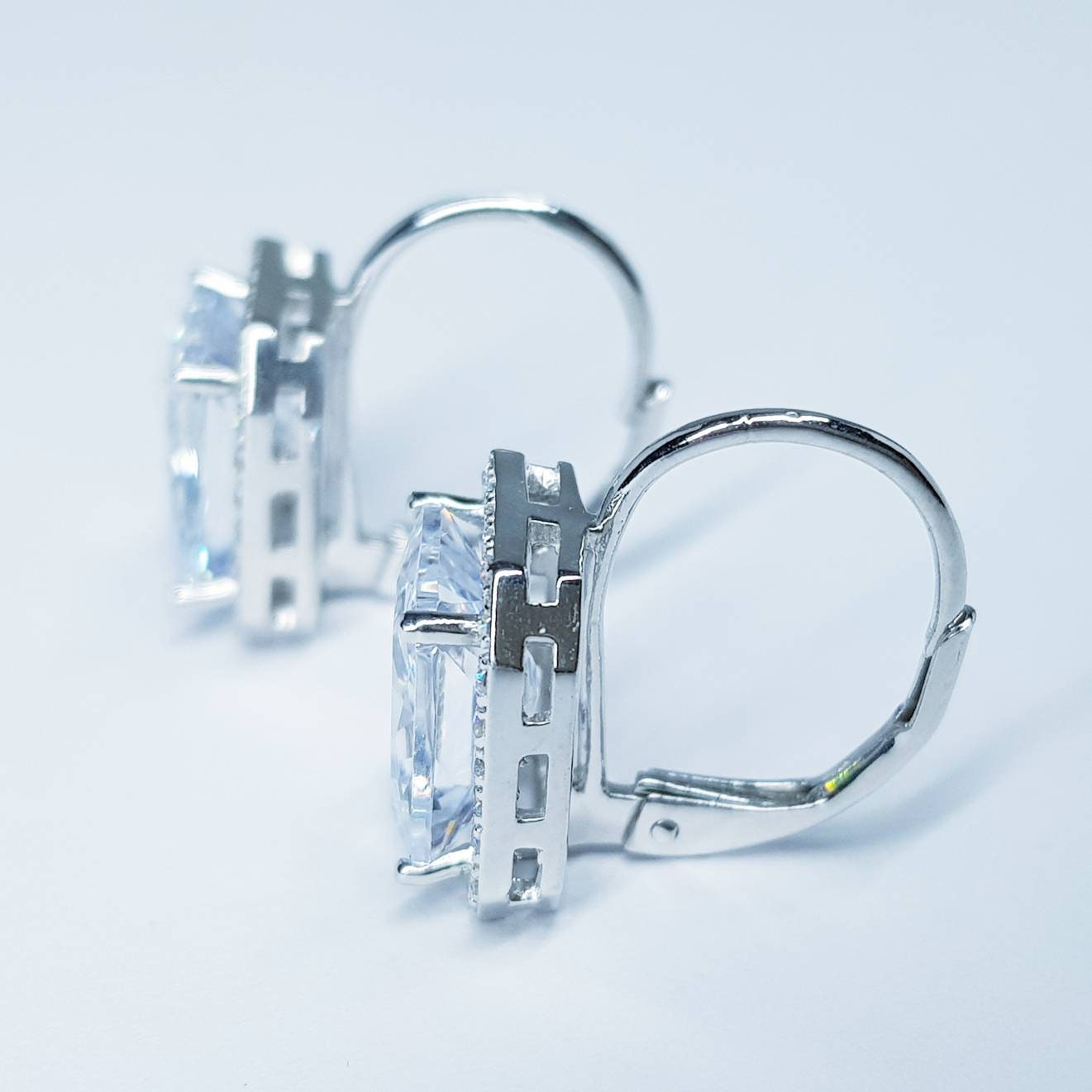 Sterling silver faux diamond leverback earrings, rectangular drop earrings