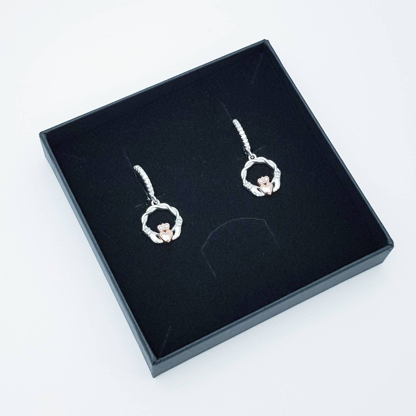 Silver hoop Claddagh Earrings, braided Claddagh Earrings, rose Gold Claddagh drop Earrings