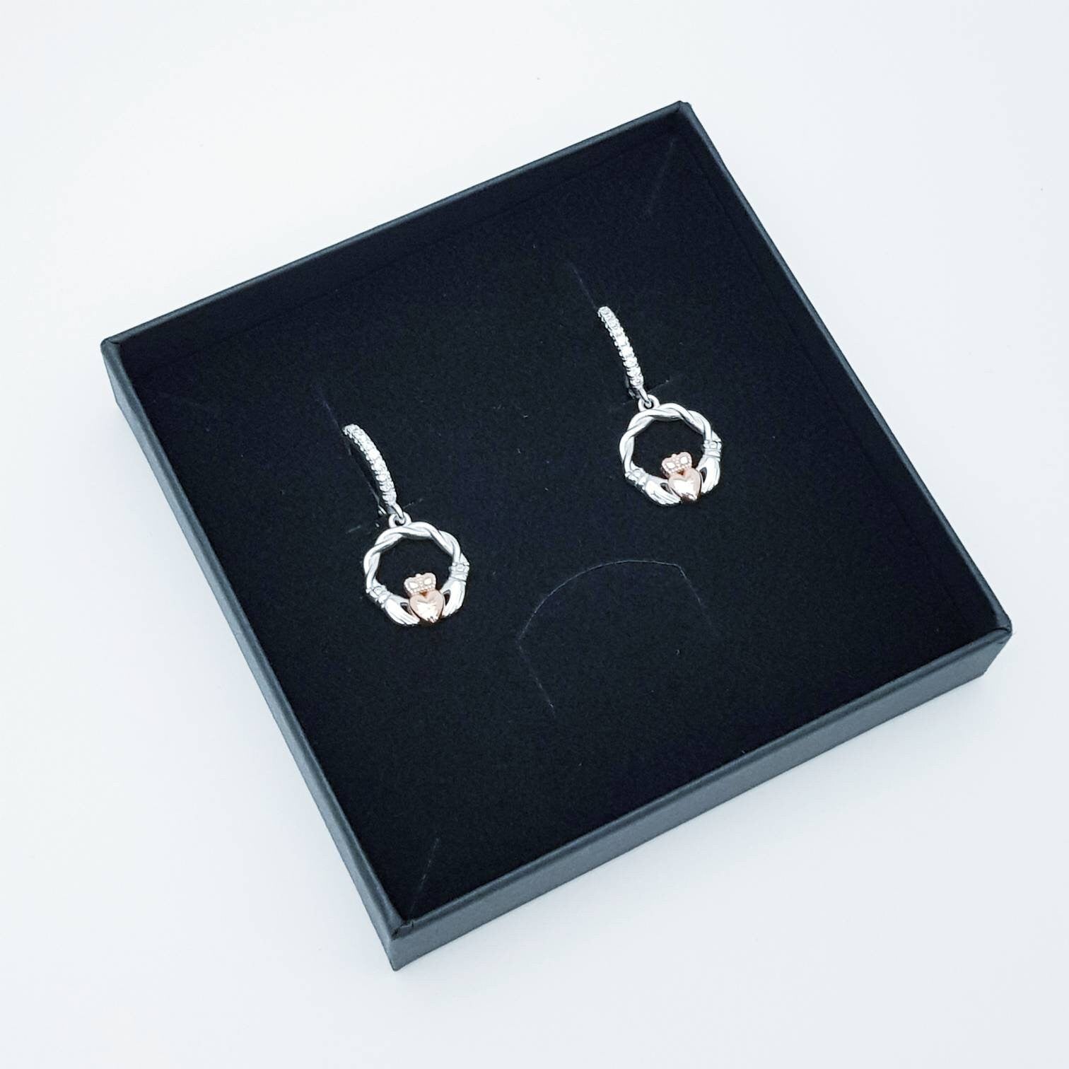 Silver hoop Claddagh Earrings, braided Claddagh Earrings, rose Gold Claddagh drop Earrings