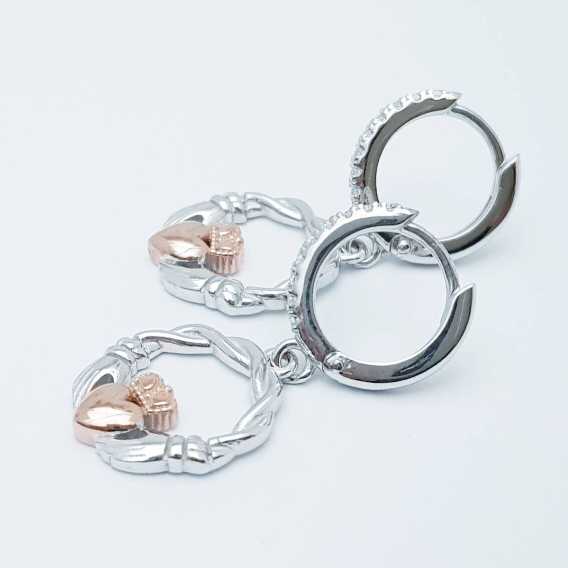 Silver hoop Claddagh Earrings, braided Claddagh Earrings, rose Gold Claddagh drop Earrings