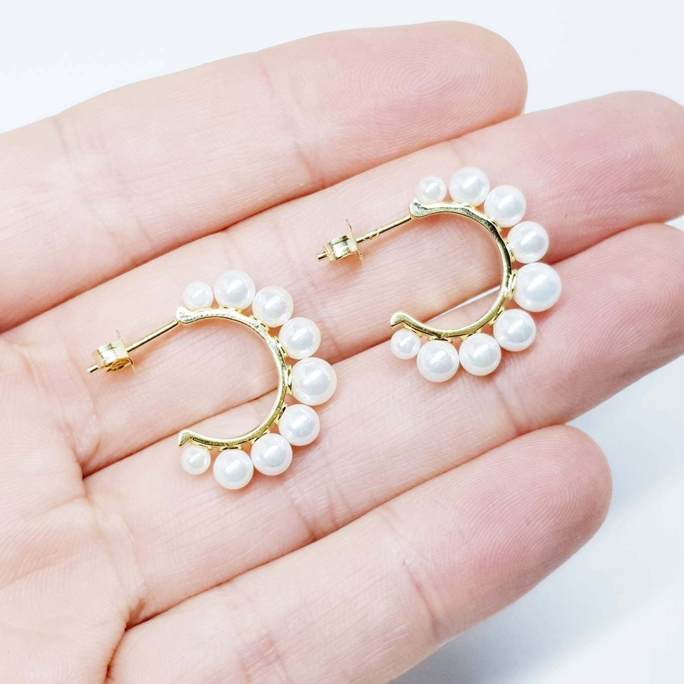 Gold hoop earrings, silver half hoop stud earrings, vintage pearl open hoop earrings