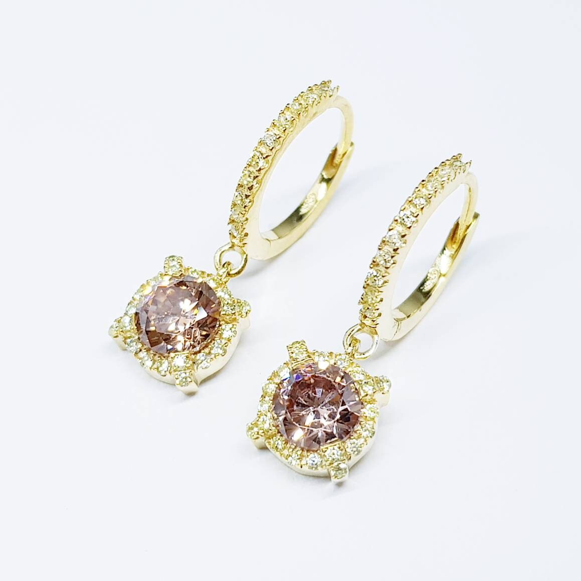 Dainty hoop earrings with small champagne pink drop, cute pink hoop earrings, thin gold plated hoops