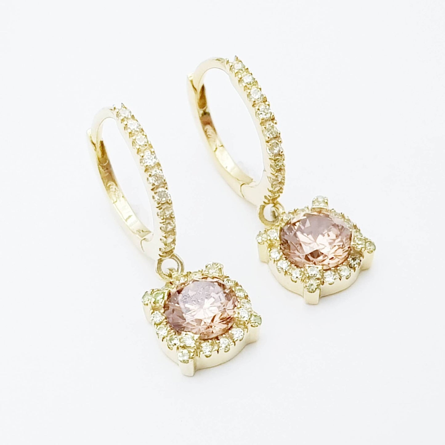 Dainty hoop earrings with small champagne pink drop, cute pink hoop earrings, thin gold plated hoops