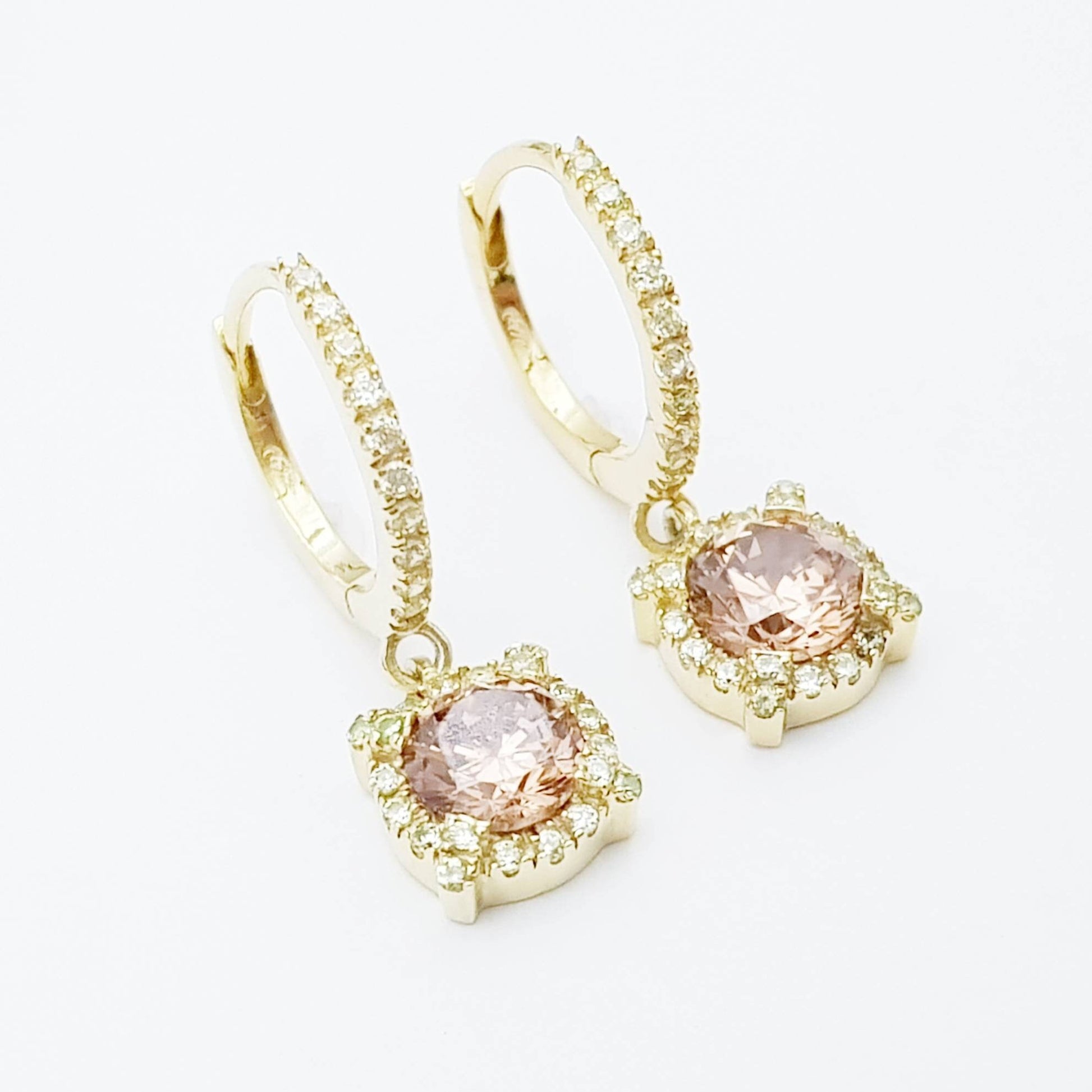 Dainty hoop earrings with small champagne pink drop, cute pink hoop earrings, thin gold plated hoops