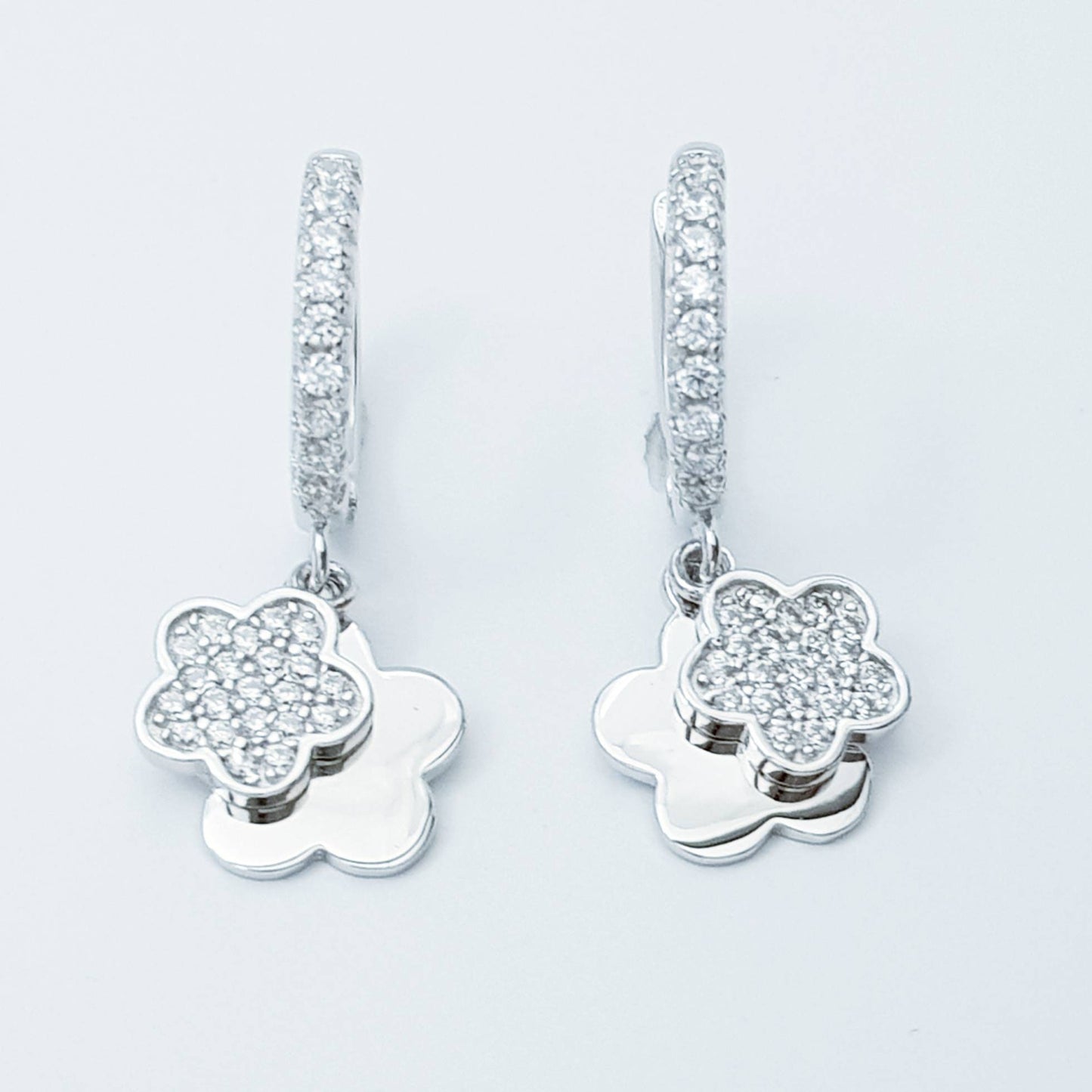 Dainty silver hoop earrings with two dangling floral charms, cute flower drop earrings, Minimalist Earrings, 925 Silver Dangle Hoops,