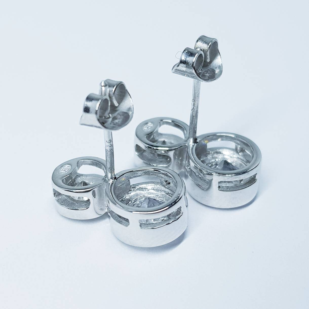 Sterling Silver stud earrings, two stone stud earrings, man made Diamond Simulant studs,