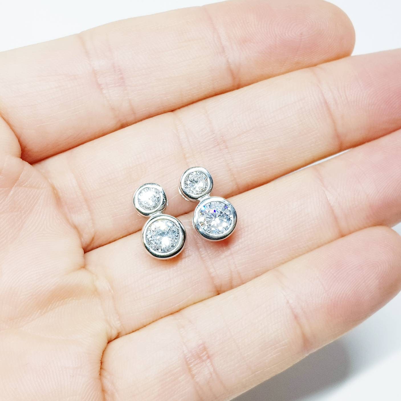 Sterling Silver stud earrings, two stone stud earrings, man made Diamond Simulant studs,