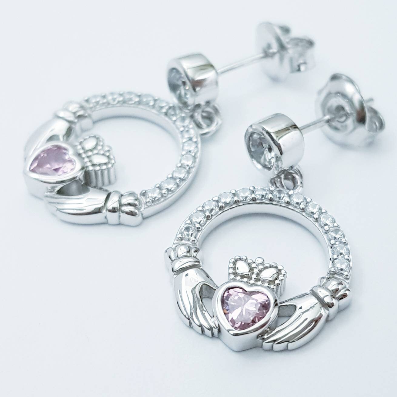 Sterling silver Claddagh Earrings, Pink Claddagh Earrings, drop Irish earrings