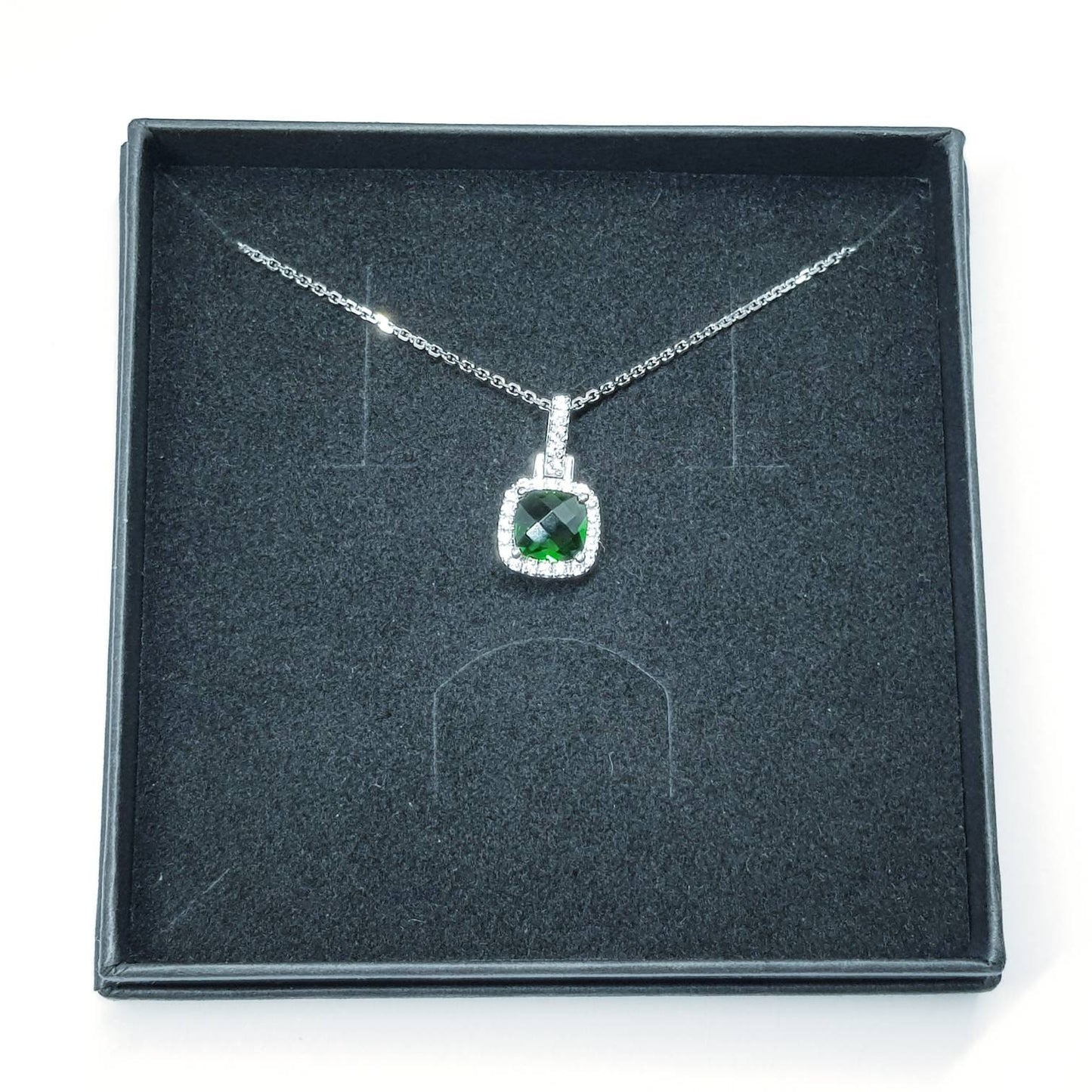 Sterling silver emerald green square necklace with cubic zirconia halo, vintage emerald pendant