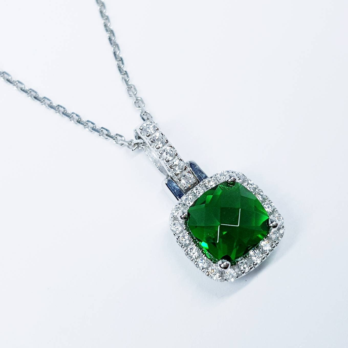 Sterling silver emerald green square necklace with cubic zirconia halo, vintage emerald pendant