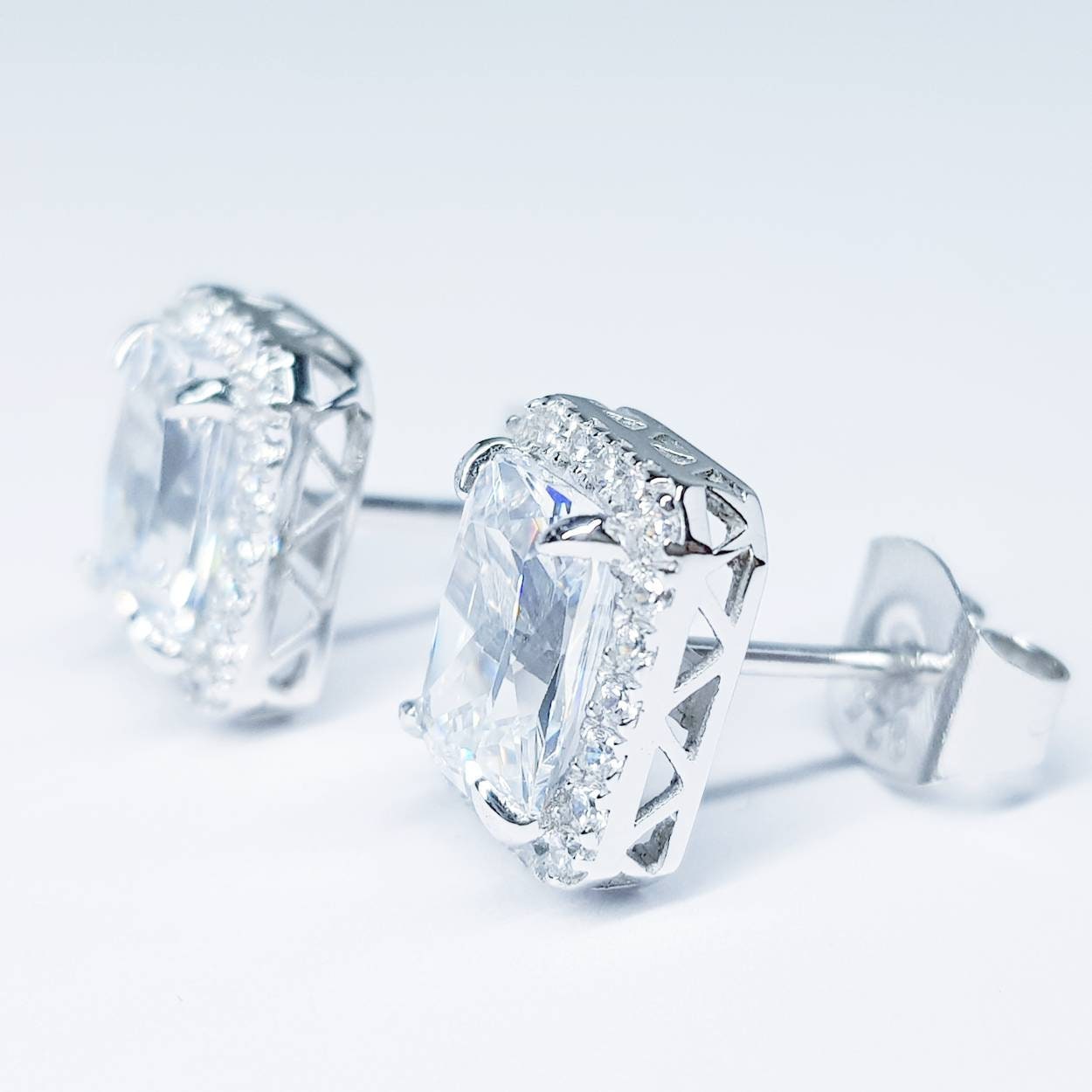 Sterling Silver stud earrings, emerald cut studs, made Diamond Simulants,
