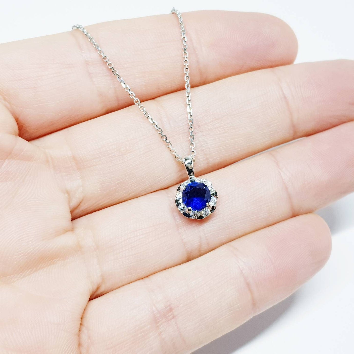 Sterling silver round Sapphire blue necklace, September bithstone jewelry