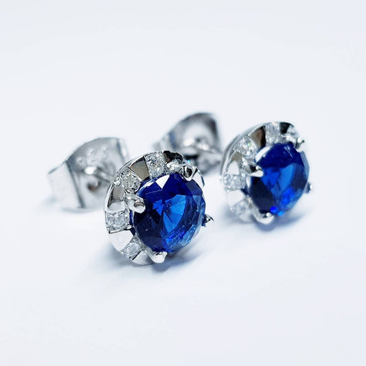 Round silver Blue stud earrings, silver halo blue Stud Earrings,Round CZ Stud Earrings