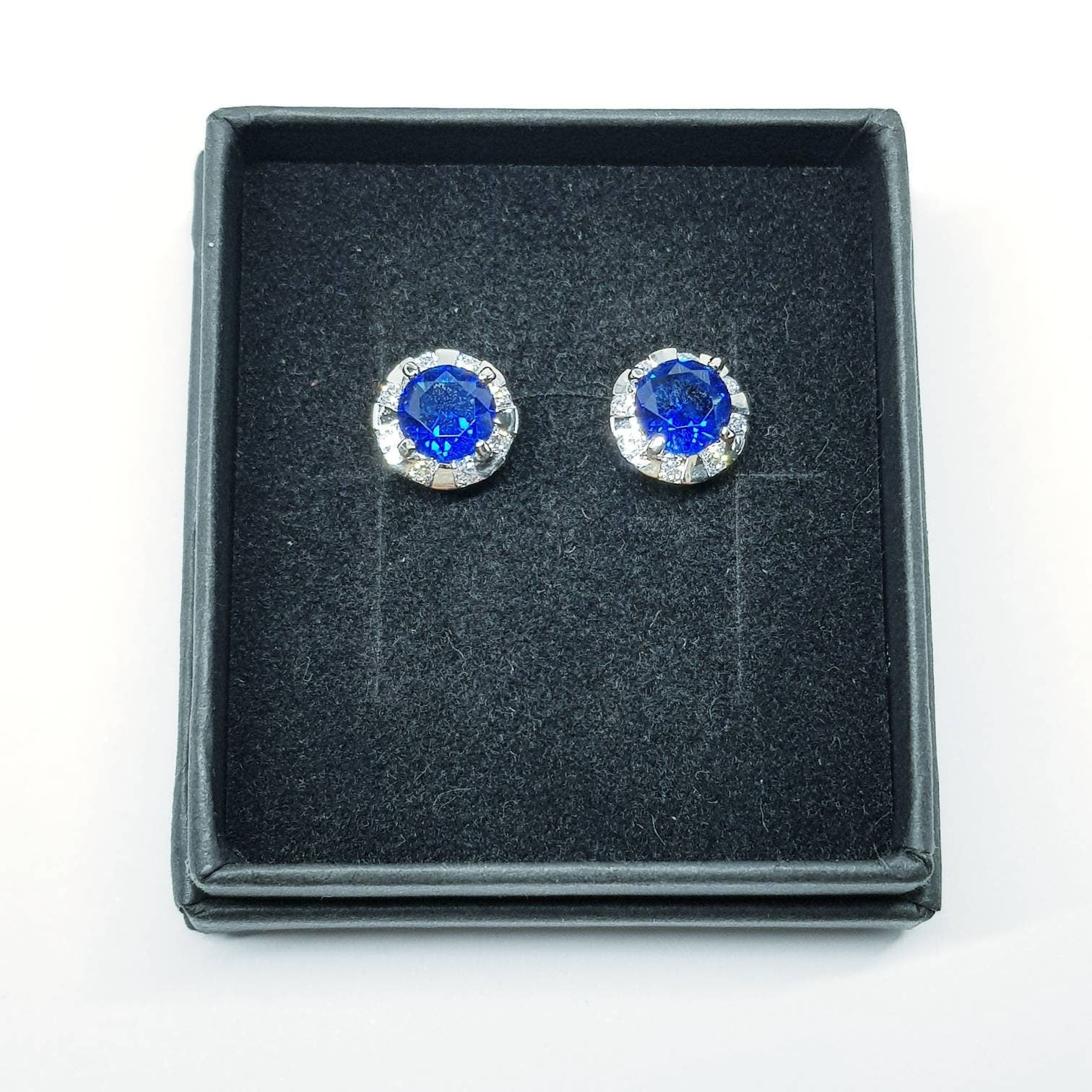 Round silver Blue stud earrings, silver halo blue Stud Earrings,Round CZ Stud Earrings