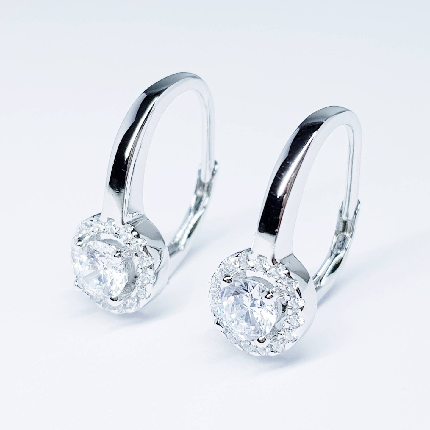 Elegant sterling silver round halo leverback drop earrings