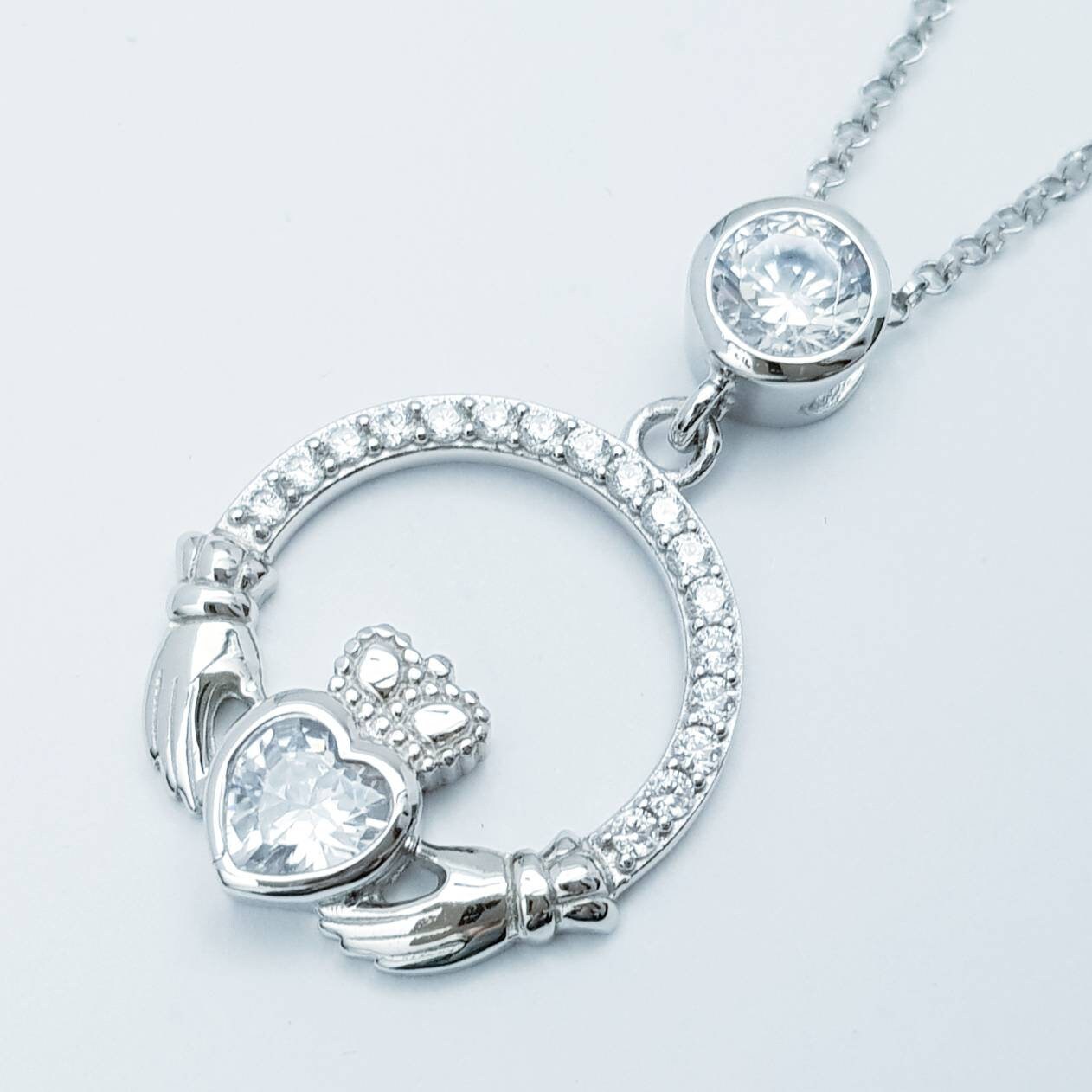 Silver Claddagh pendant, diamond white april birthstone claddagh necklace, claddagh celtic pendant