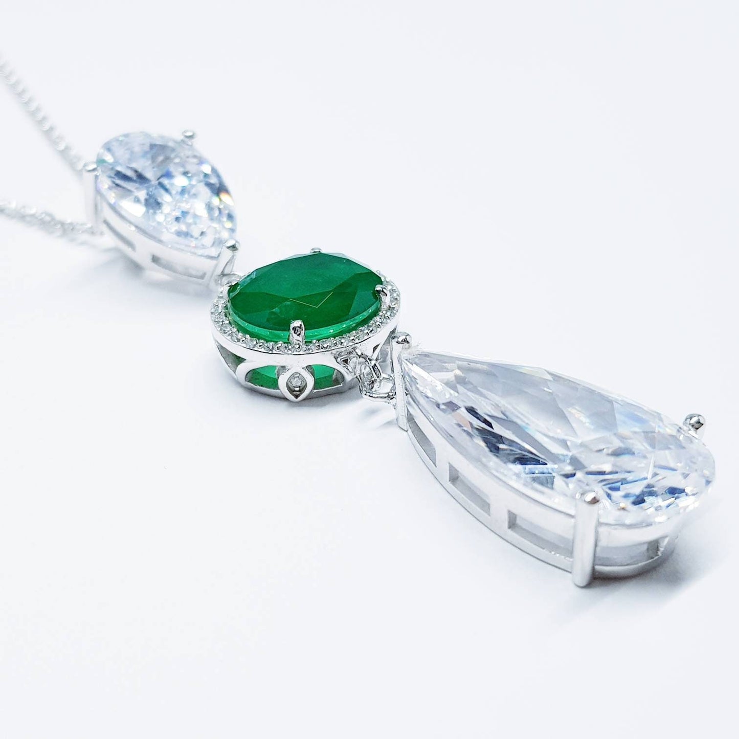 Exceptional large teardrop necklace with oval emerald green cubic zirconia