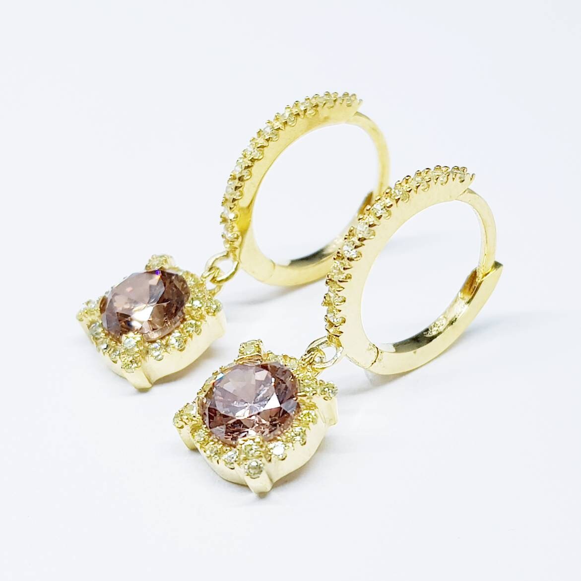 Dainty hoop earrings with small champagne pink drop, cute pink hoop earrings, thin gold plated hoops