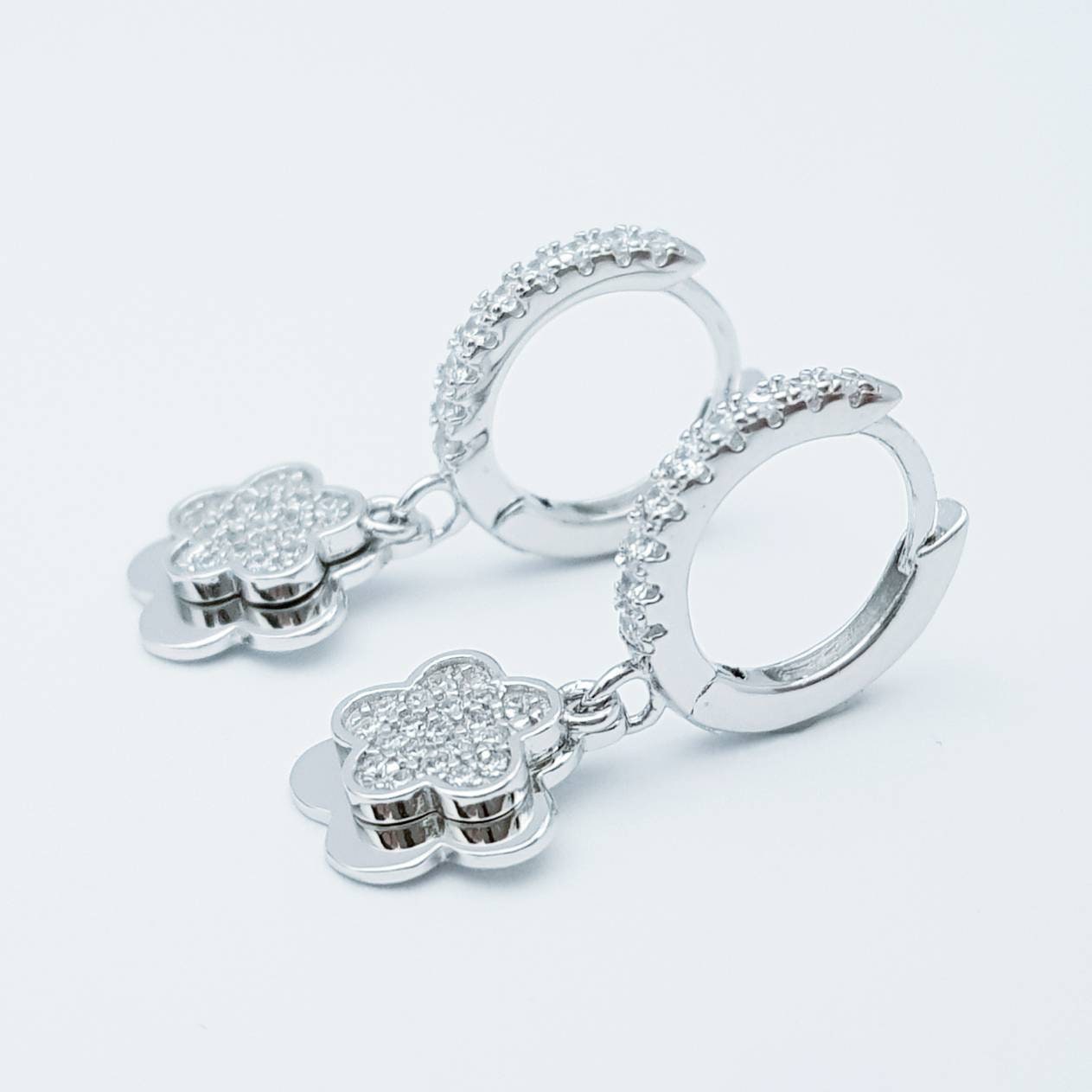 Dainty silver hoop earrings with two dangling floral charms, cute flower drop earrings, Minimalist Earrings, 925 Silver Dangle Hoops,