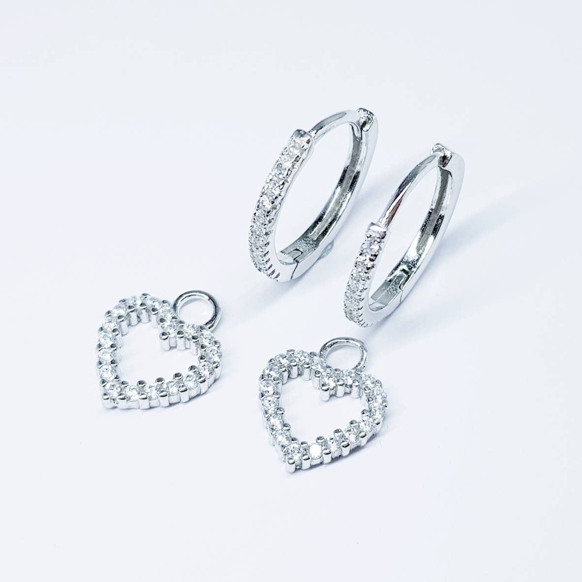 Thin hoop earrings, with removable heart charm, two earrings in one, silver Huggie earrings