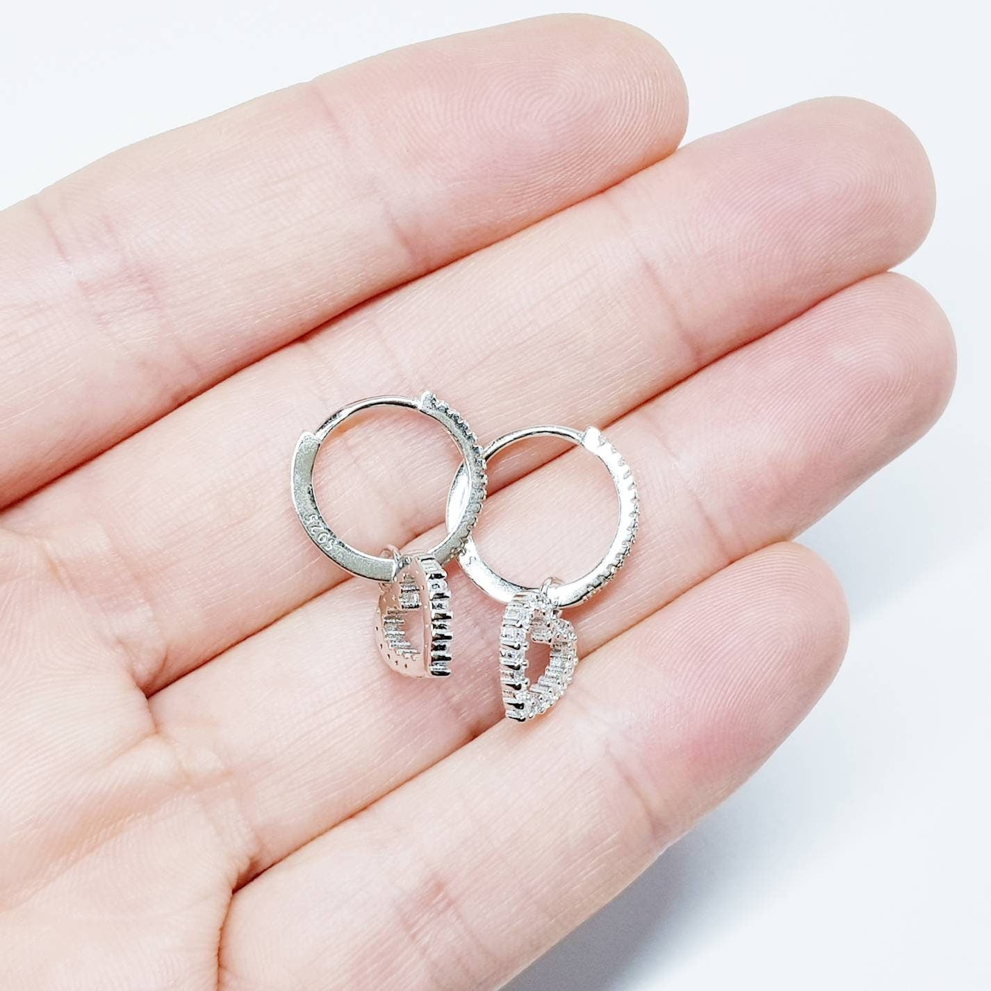 Thin hoop earrings, with removable heart charm, two earrings in one, silver Huggie earrings