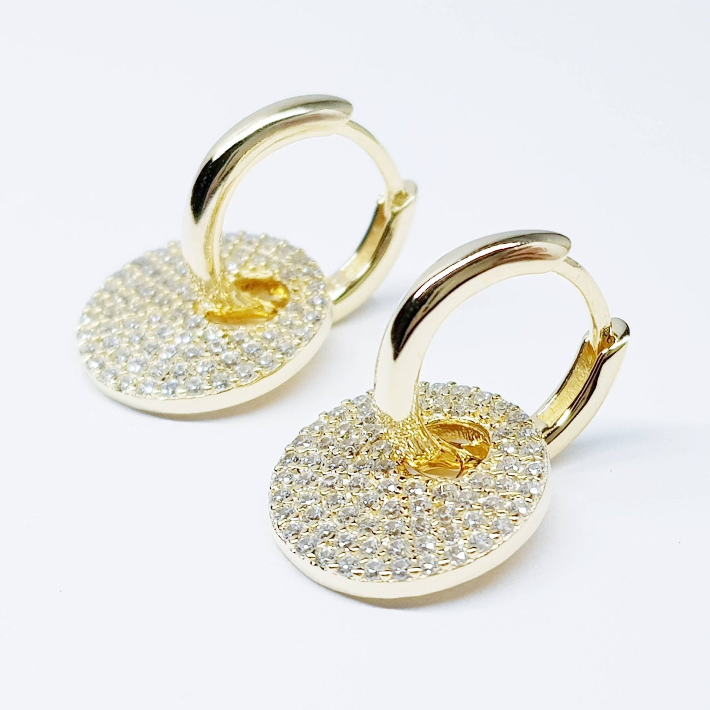 Mini gold hoop earrings with removable faux diamond disc, two earrings in one, Small Huggie earrings
