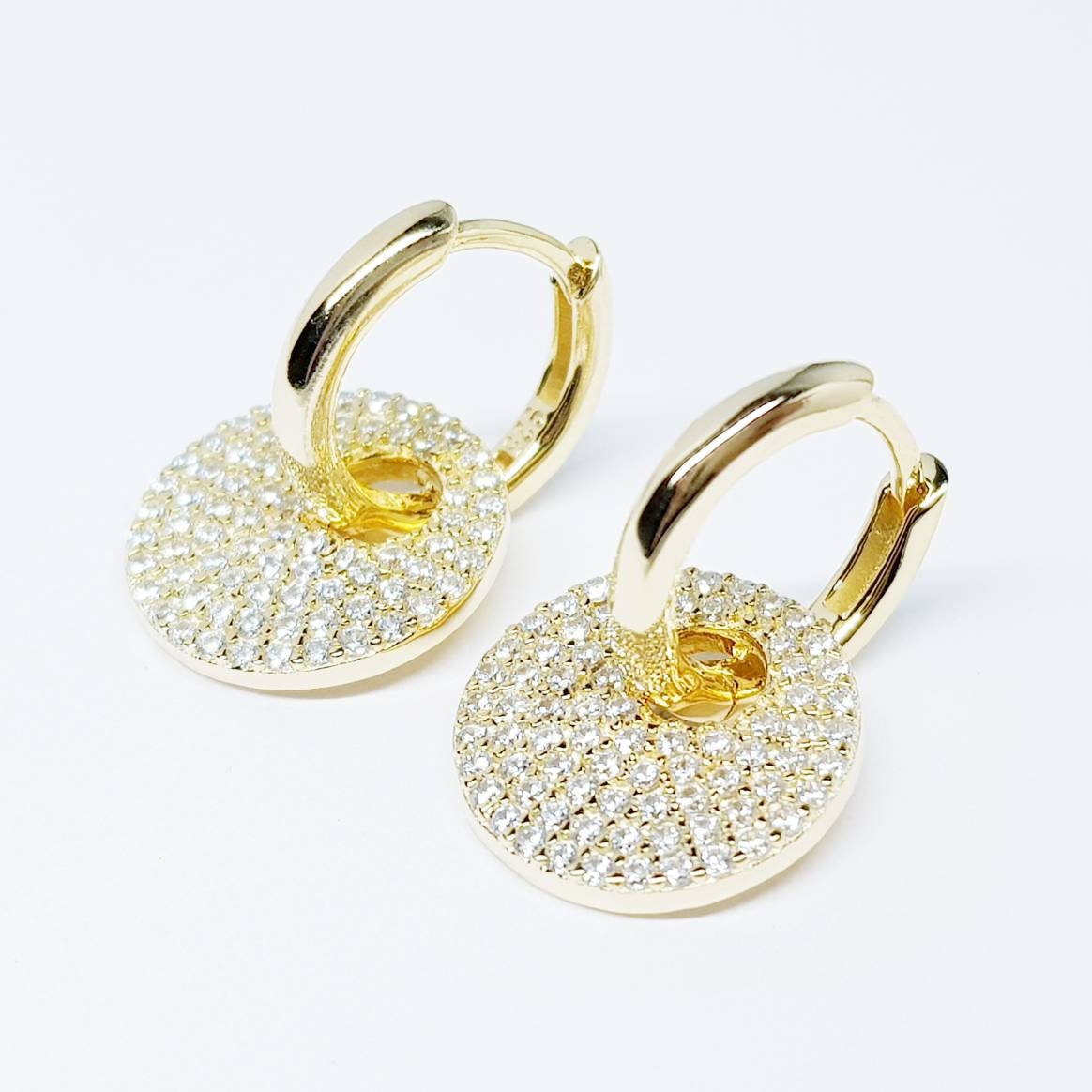Mini gold hoop earrings with removable faux diamond disc, two earrings in one, Small Huggie earrings