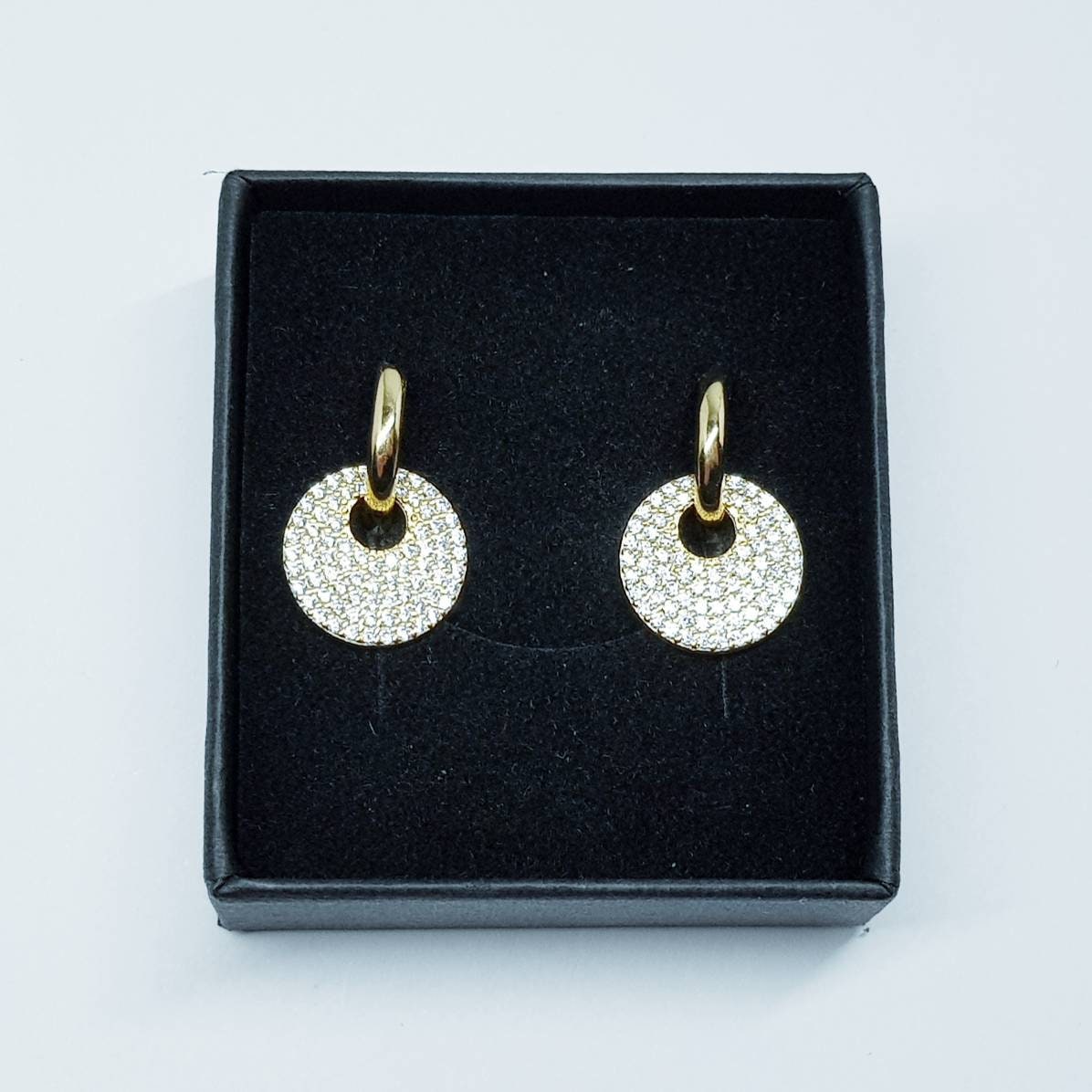 Mini gold hoop earrings with removable faux diamond disc, two earrings in one, Small Huggie earrings