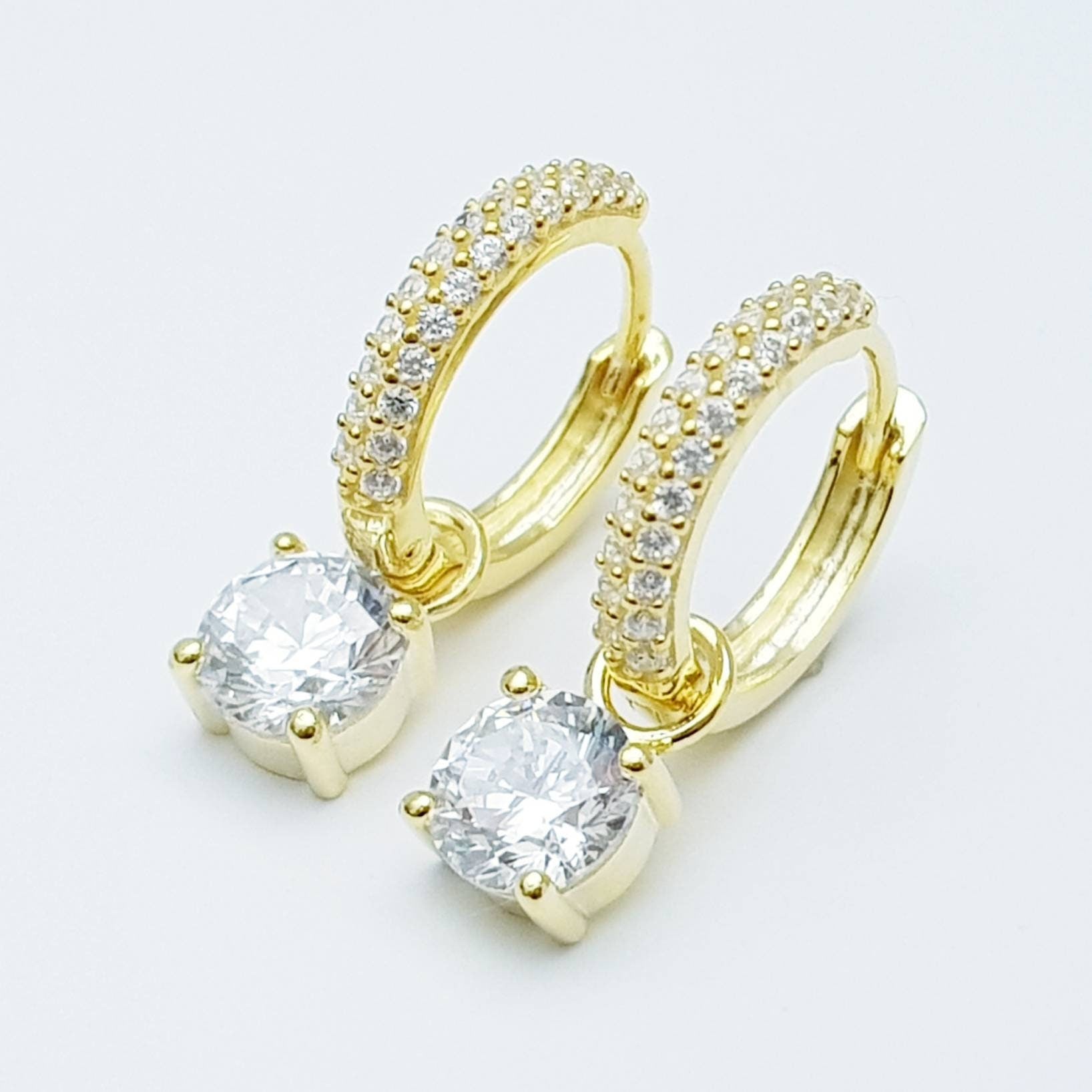 Gold hoop earrings with removable solitaire drop, two earrings in one, faux diamond huggie earrings