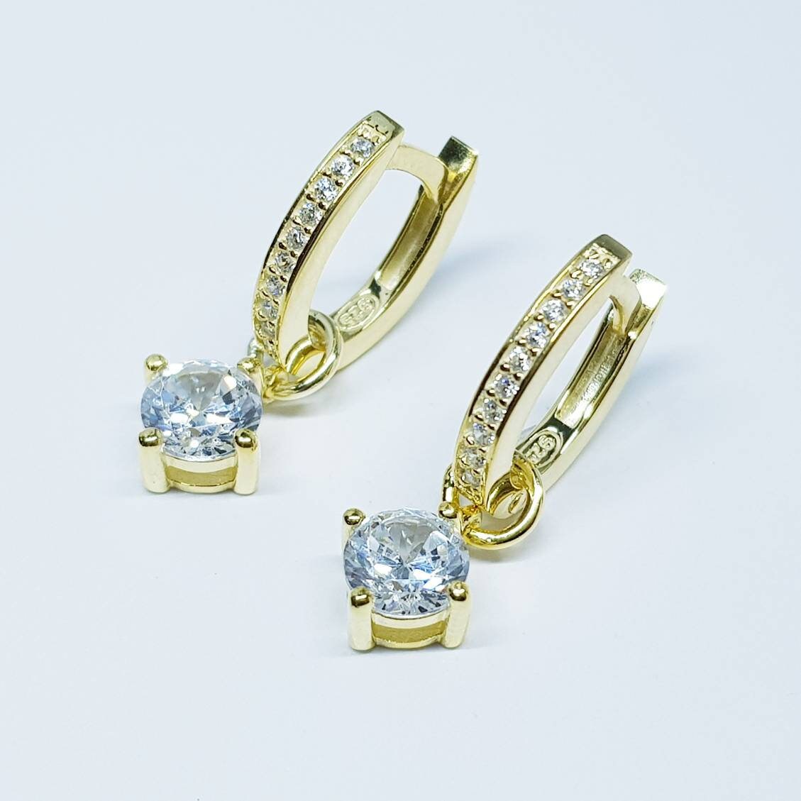 Thin Gold hoop earrings with removable solitaire drop, two earrings in one, faux diamond small huggie earrings