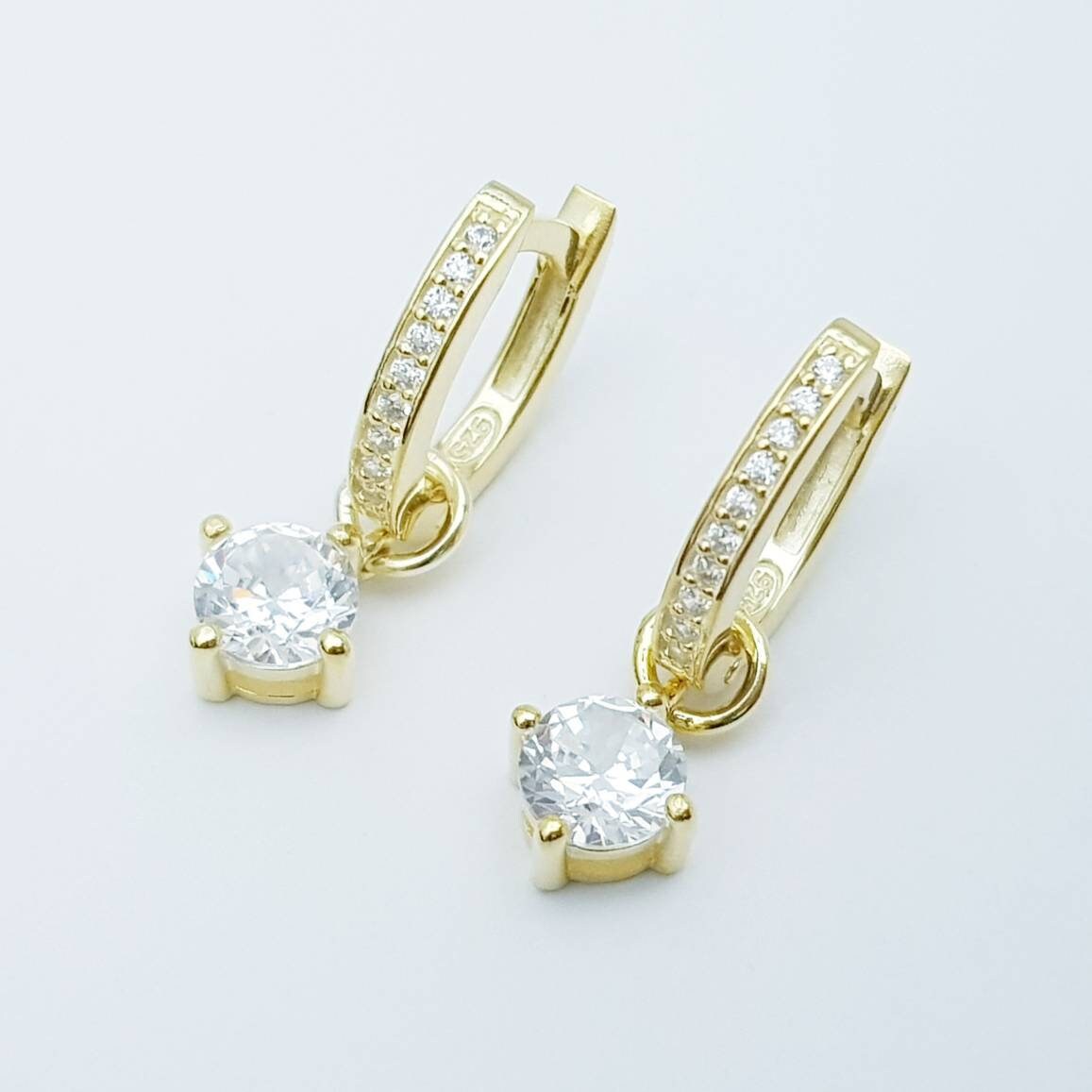 Thin Gold hoop earrings with removable solitaire drop, two earrings in one, faux diamond small huggie earrings