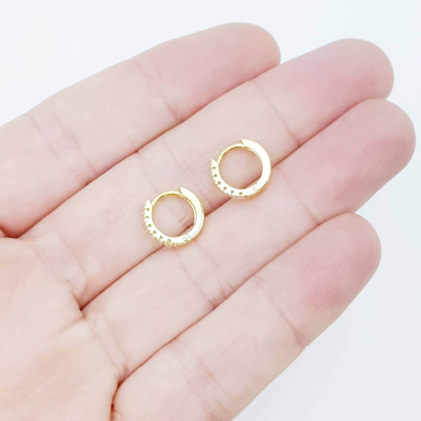 Small hoop earrings, silver huggie earrings, gold plated cz huggies, dainty diamond second hoop