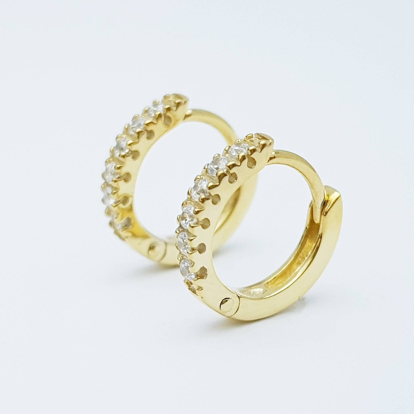 Small hoop earrings, silver huggie earrings, gold plated cz huggies, dainty diamond second hoop