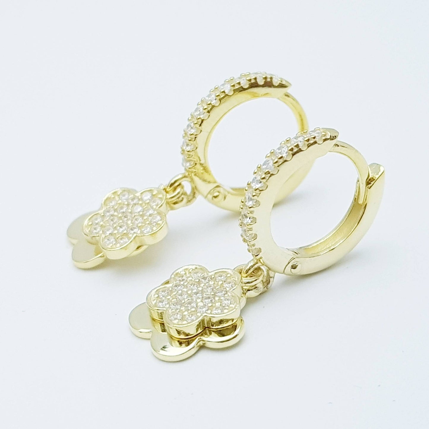 Dainty silver hoop earrings with two dangling floral charms, cute flower drop earrings, Minimalist Earrings, 925 Silver Dangle Hoops,