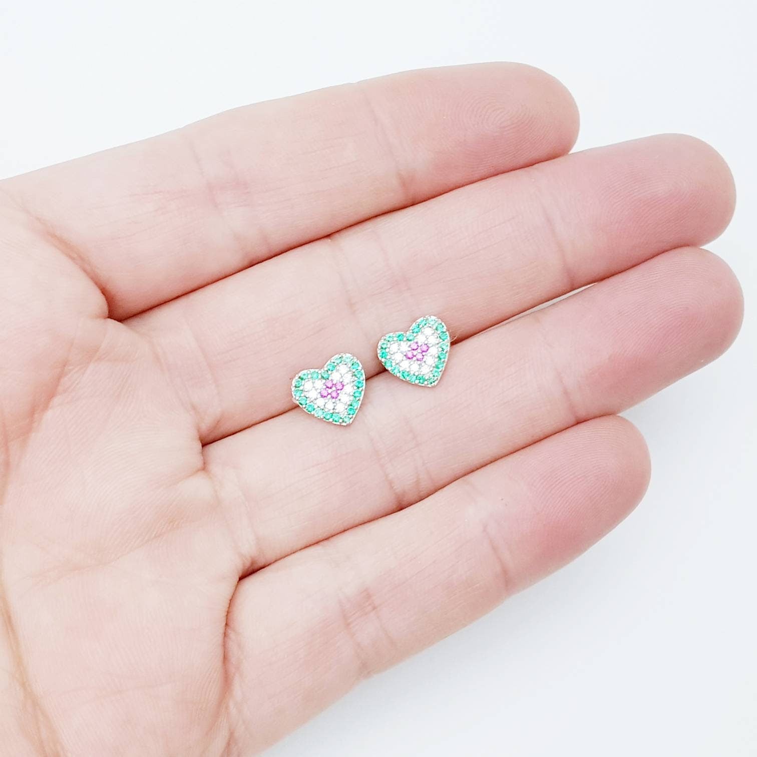 Flat Sterling silver heart shaped stud earrings, colourful heart shaped earrings, cute small heart earrings