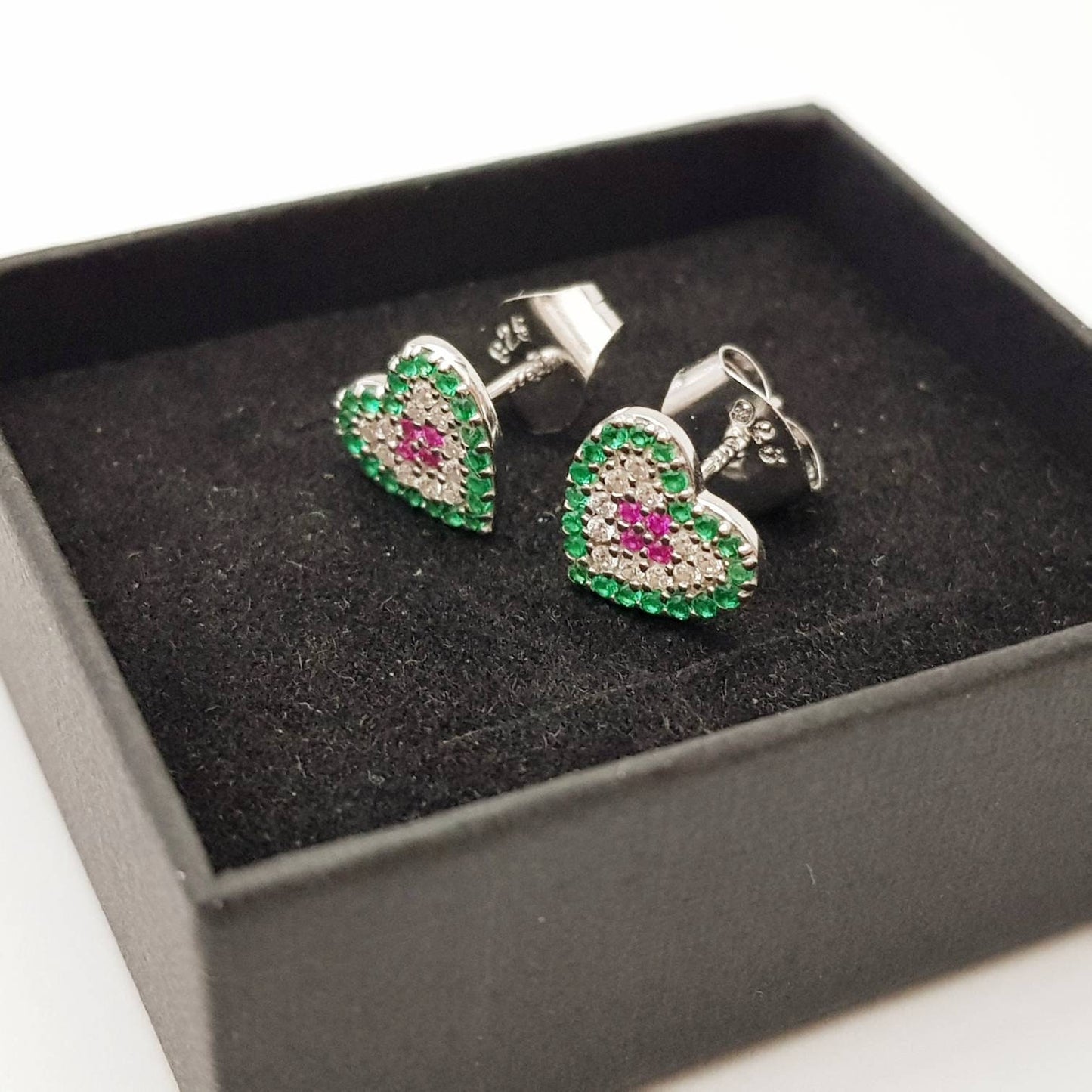 Flat Sterling silver heart shaped stud earrings, colourful heart shaped earrings, cute small heart earrings