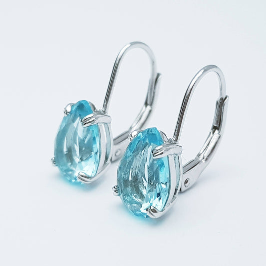 Sparkling turquoise blue silver lever back earrings, teardrop leverback earrings, March birthstone