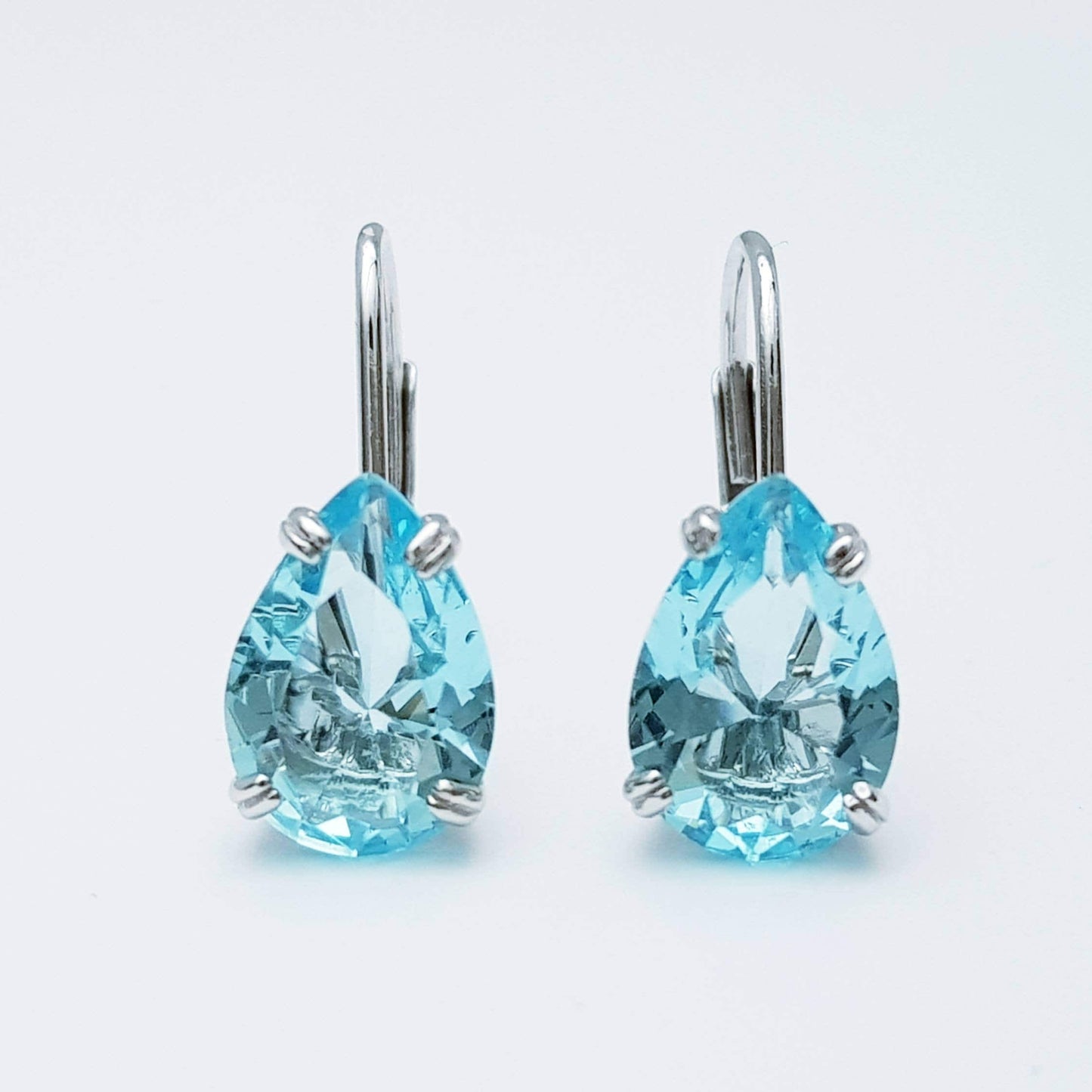 Sparkling turquoise blue silver lever back earrings, teardrop leverback earrings, March birthstone