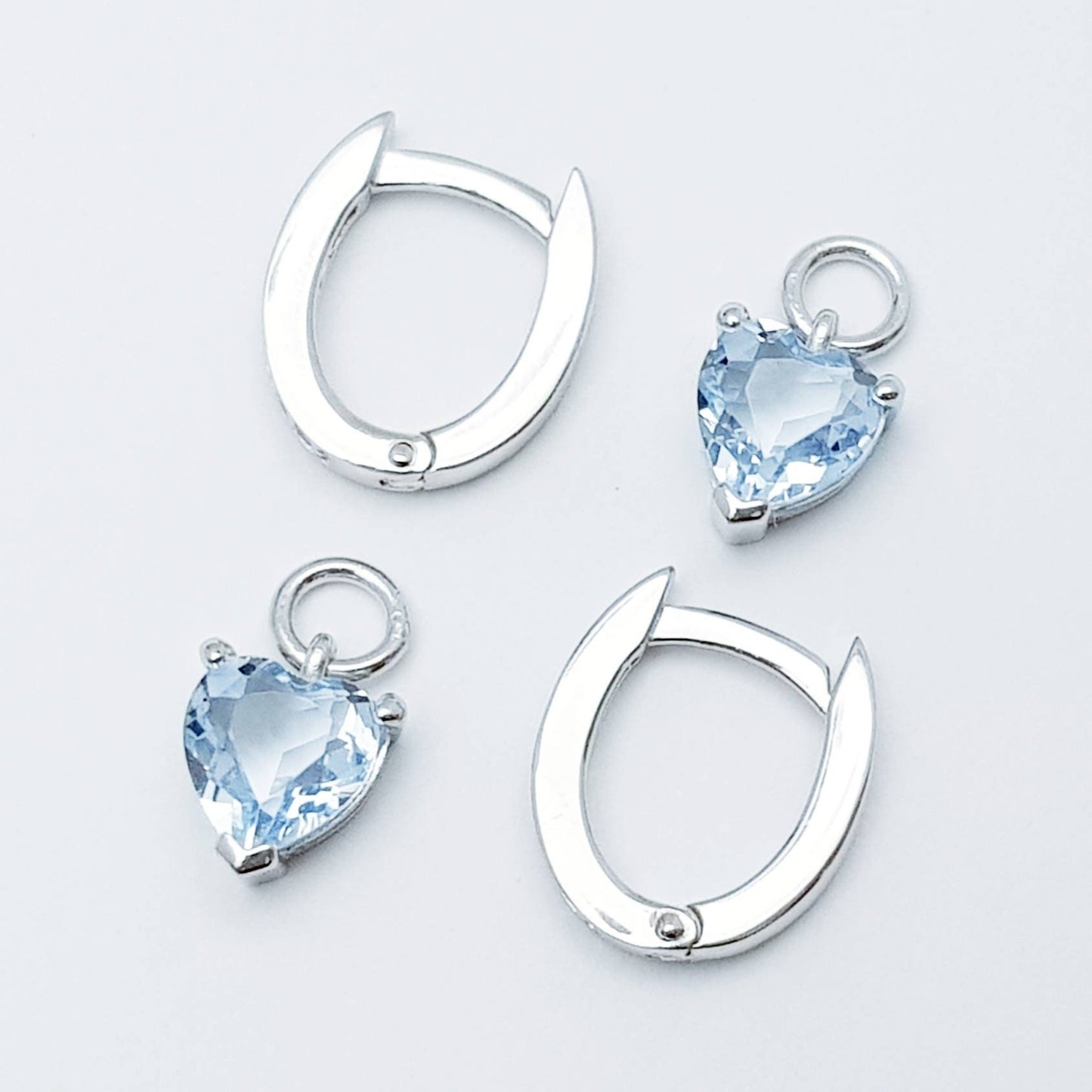 Two earrings in one, silver hoop earrings with removable aquamarine blue heart drop, minimal huggie earrings