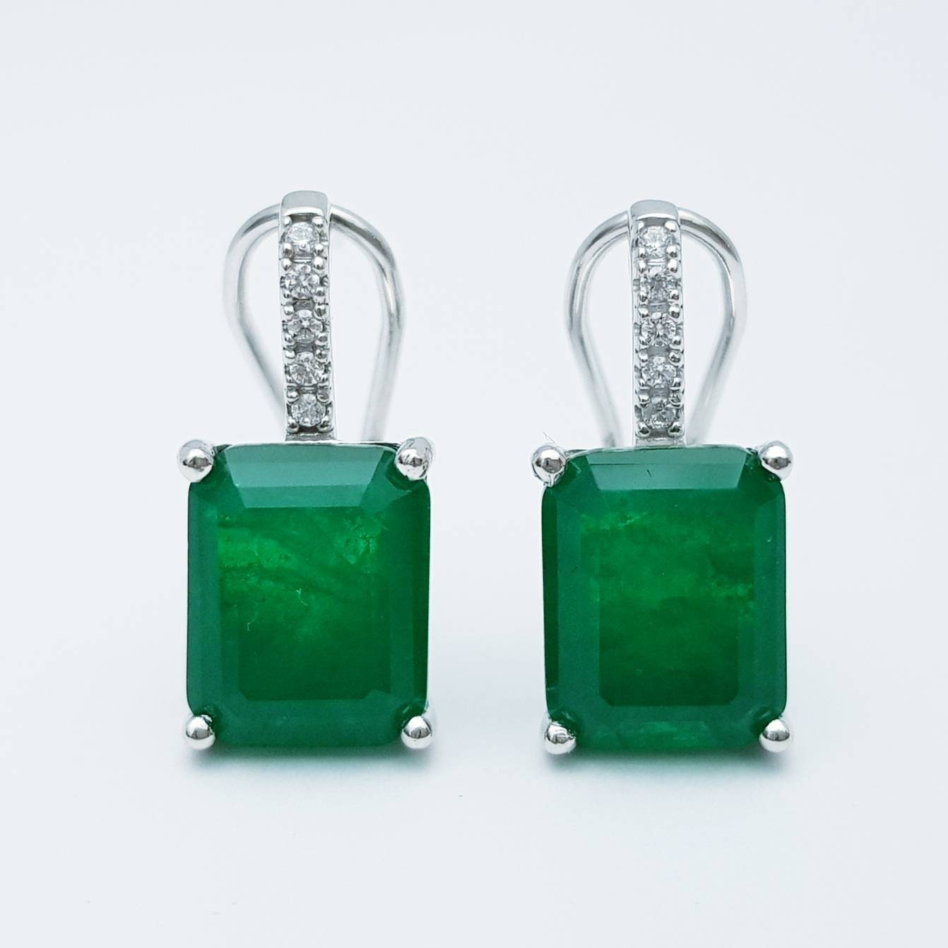 Sterling silver faux emerald leverback earrings, rectangular drop earrings, may bithstone