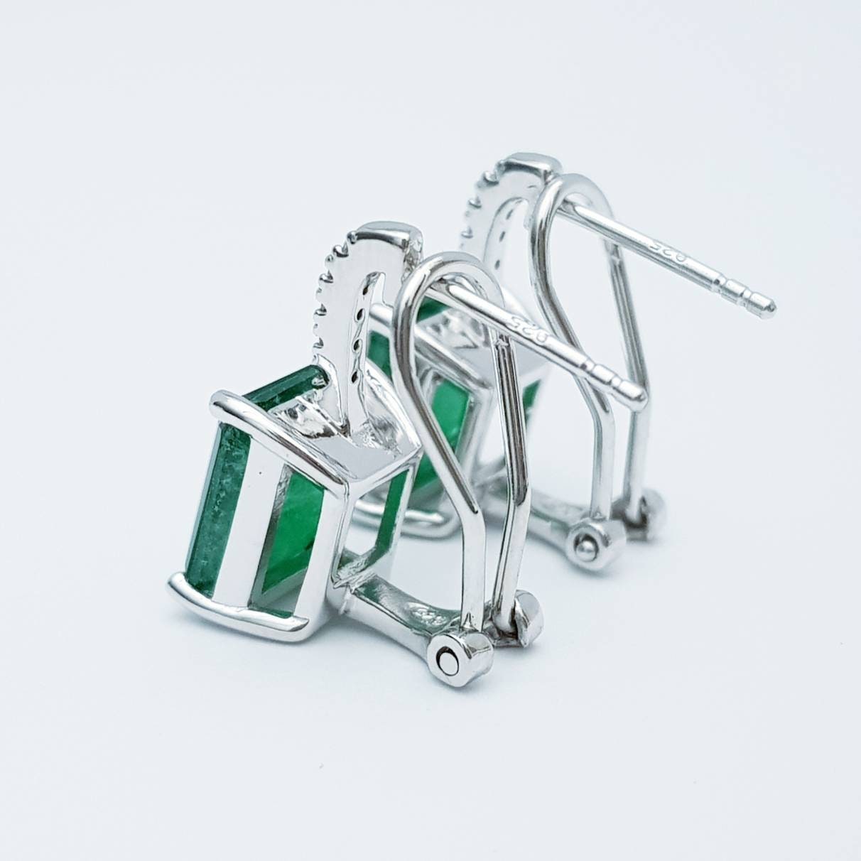 Sterling silver faux emerald leverback earrings, rectangular drop earrings, may bithstone