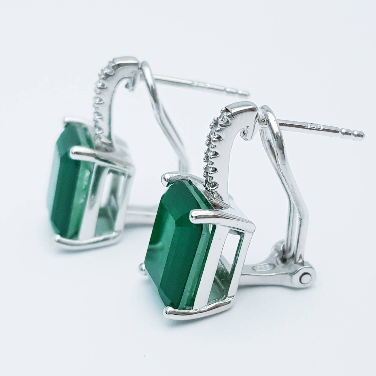 Sterling silver faux emerald leverback earrings, rectangular drop earrings, may bithstone