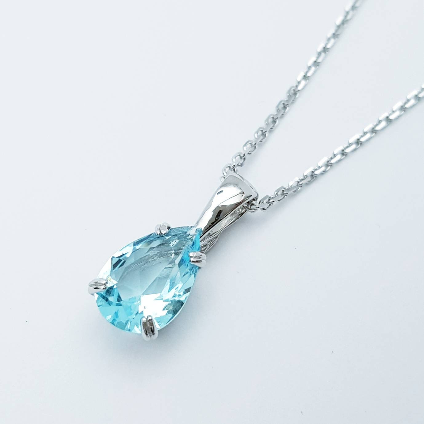 925 silver turquoise blue aquamarine teardrop necklace, single light blue drop pendant